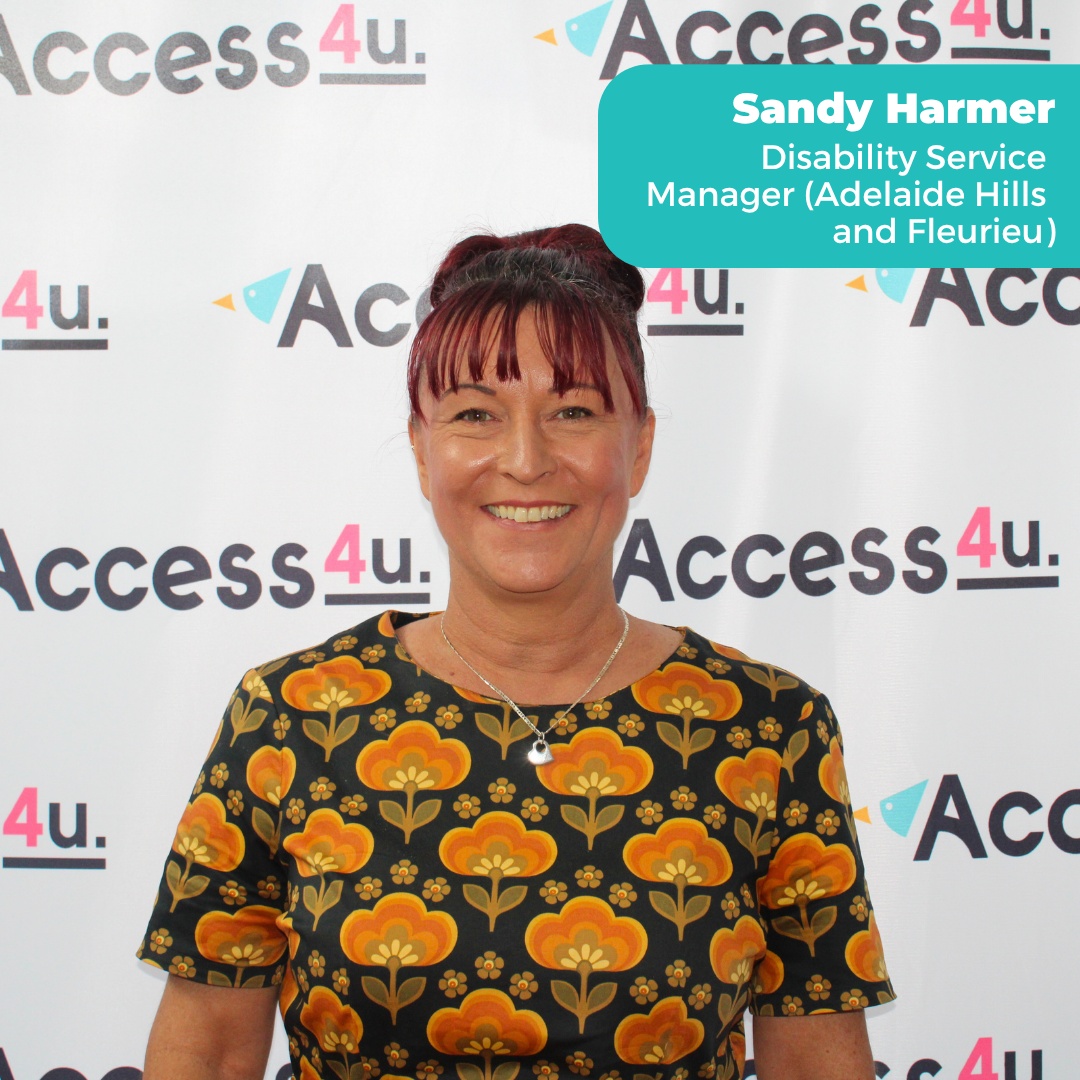 Headshot of Sandy Harmer, Disability Services Manager, against Access4u background