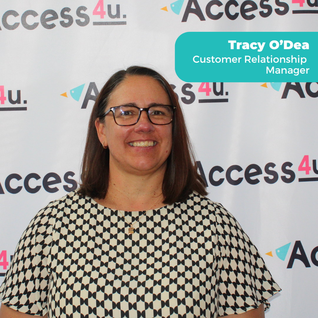 Headshot of Tracy O'Dea, Customer Relationship Manager, against Access4u background